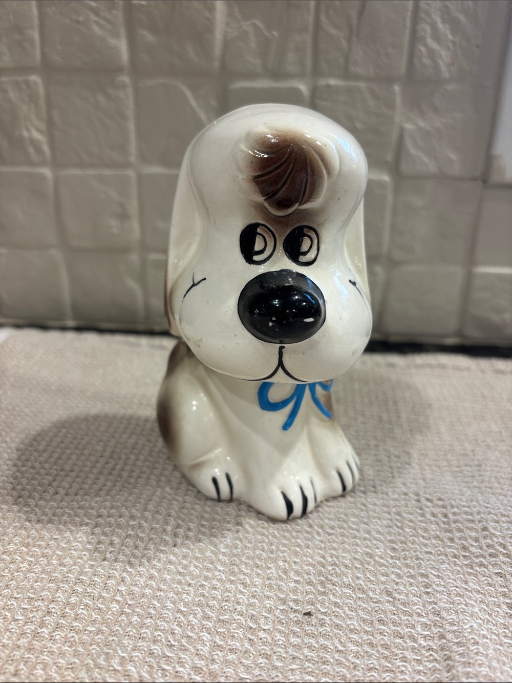 Vintage Ceramic White/Brown Dog Bank  with Blue Bow - Made in Japan